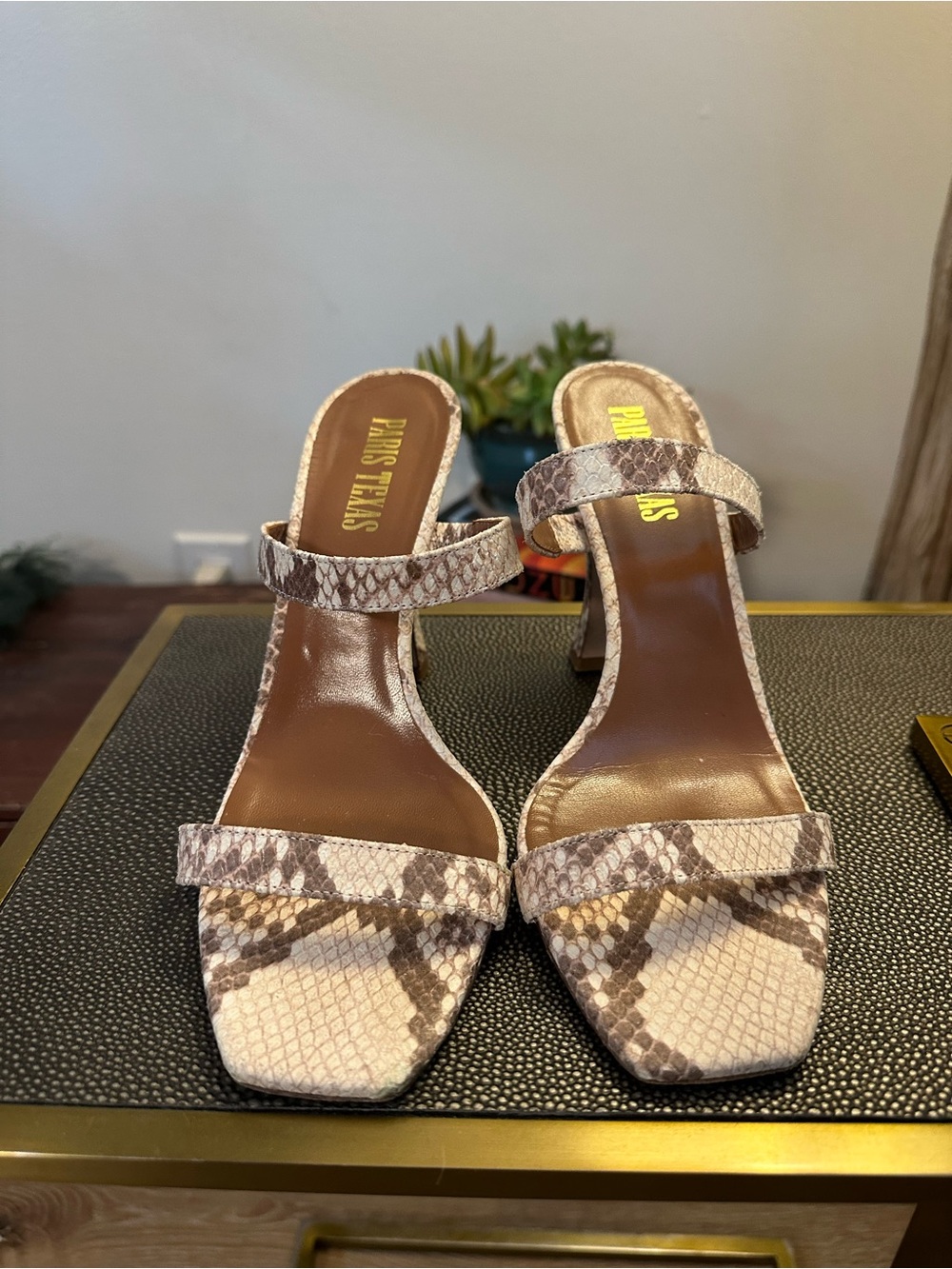Paris Texas Snake-Print Square-Toe Heeled Sandals